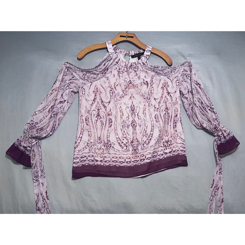 BCBGMAXAZRIA Womens Purple Paisley Cold Shoulder Blouse Tie Sleeve Top XS